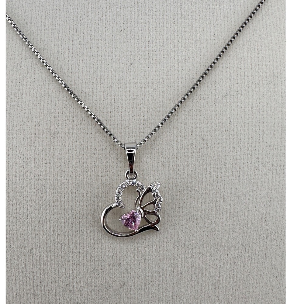 White Gold Plated Pink Heart Butterfly Pendant Necklace Box Chain Crystal